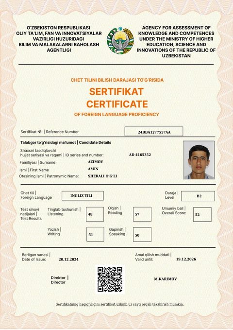 CEFR B2 — Azimov Amin Sherali o‘g‘li (2x)