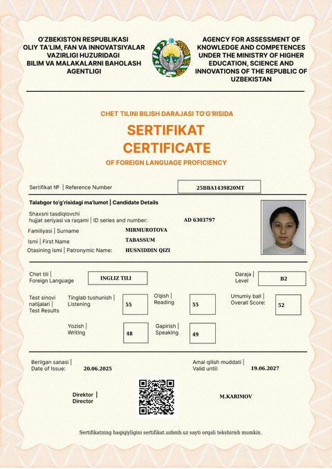 CEFR B2 — Mirmurotova Tabassum Husniddin qizi