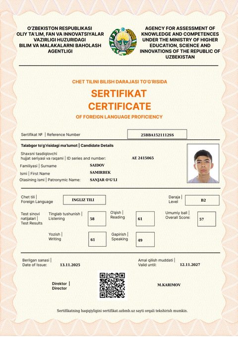 CEFR B2 — Saidov Samirbek Sanjar o‘g‘li