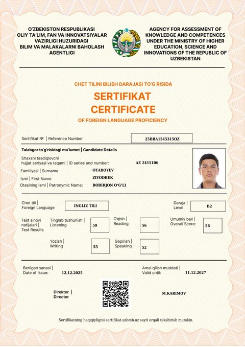 CEFR B2 — Otaboyev Ziyodbek Bobirjon o‘g‘li