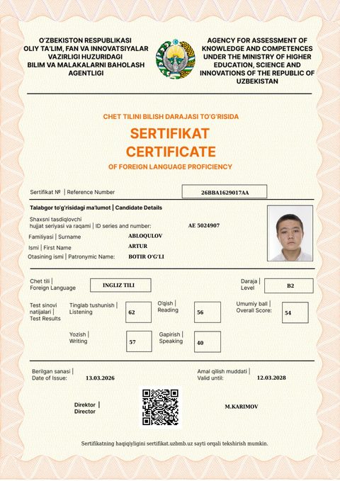 CEFR B2 — Abloqulov Artur Botir o‘g‘li