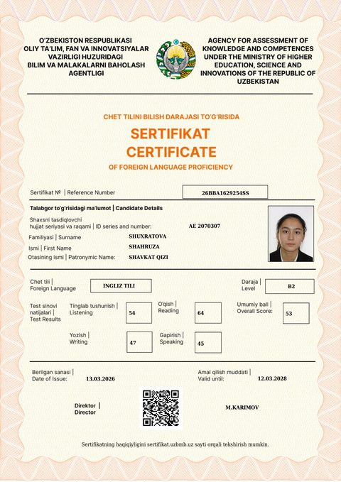 CEFR B2 — Shuxratova Shahruza Shavkat qizi