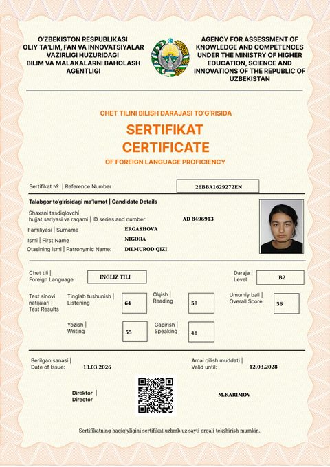 CEFR B2 — Ergashova Nigora Dilmurod qizi