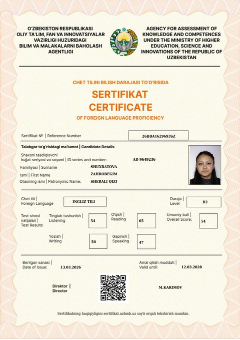 CEFR B2 — Shuxratova Zahrobegim Sherali qizi