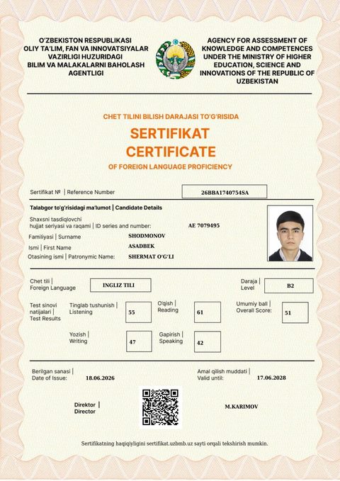 CEFR B2 — Shodmonov Asadbek Shermat o‘g‘li