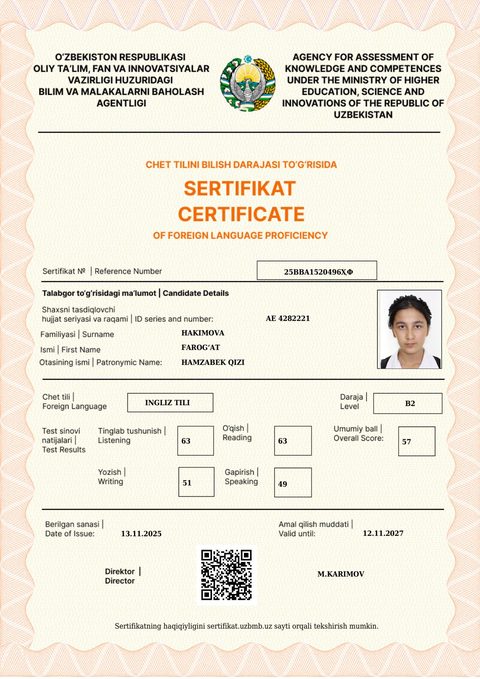 CEFR B2 — Hakimova Farog‘at Hamzabek qizi